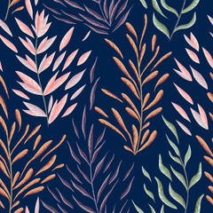 Fototapeta premium Seamless pattern with marine plants, leaves and seaweed. Hand drawn marine flora in watercolor style. Vector illustration