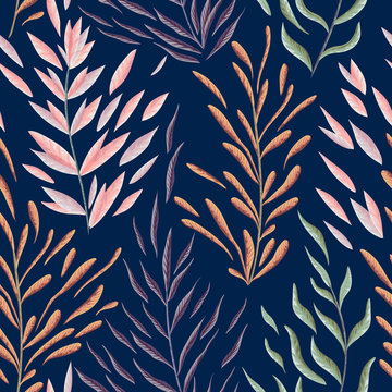 Seamless pattern with marine plants, leaves and seaweed. Hand drawn marine flora in watercolor style. Vector illustration