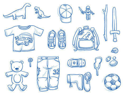 Set of personal belongings, objects of a young boy. Clothing, toys, backpack, football, sword, car, sling, stuff. Icons for a young modern lifestyle, hand drawn flat lay vector illustration