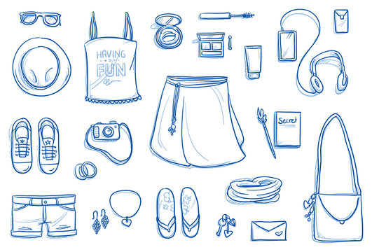 Set of personal belongings, objects of a young teenage girl. Clothing, accessories, cosmetics, phone, stuff. Icons for a young modern hipster lifestyle, hand drawn flat lay vector illustration