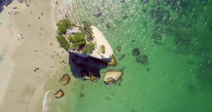Aerial of Te Whanganui-A-Hei (Cathedral Cove) Marine Reserve in Coromandel Peninsula North Island, New Zealand.