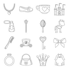 Doll princess items icons set, outline style