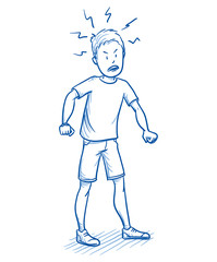 Young boy looking furious with his hands clenched fists. Hand drawn cartoon doodle vector illustration. 