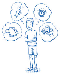 Sad young boy standing with arms wrapped around him, with thought bubbles of his worries. Hand drawn cartoon doodle vector illustration.