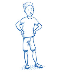 Young boy looking angry with his hands on his hips. Hand drawn cartoon doodle vector illustration.