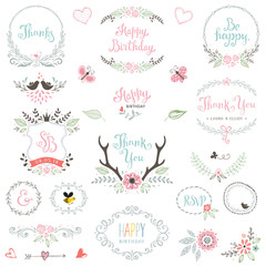 Hand drawn Birthday Party rustic collection with typographic design elements. Vector illustration.