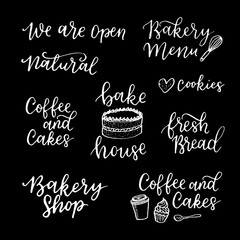 Vector set of vintage bakery hand lettering logos, badges. Typography design elements, modern calligraphy collection with cookie illustrations for prints, cards, posters, products packaging, branding.