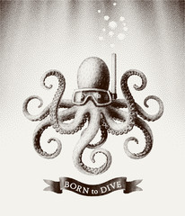Octopus wearing a mask for diving under water. Vector illustration in style of vintage etchings