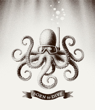 Octopus Wearing A Mask For Diving Under Water. Vector Illustration In Style Of Vintage Etchings