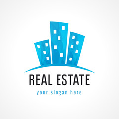 Real-estate vector logo. Icon for own property agency, constructing, flat rent, furnished rooms, lease, buying, rooming, invest, booking  or architectural business. City block downtown houses colored.