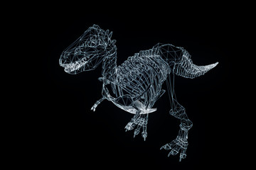 Dinosaur TRex Skeleton in Hologram Wireframe Style. Nice 3D Rendering   © bombastic80