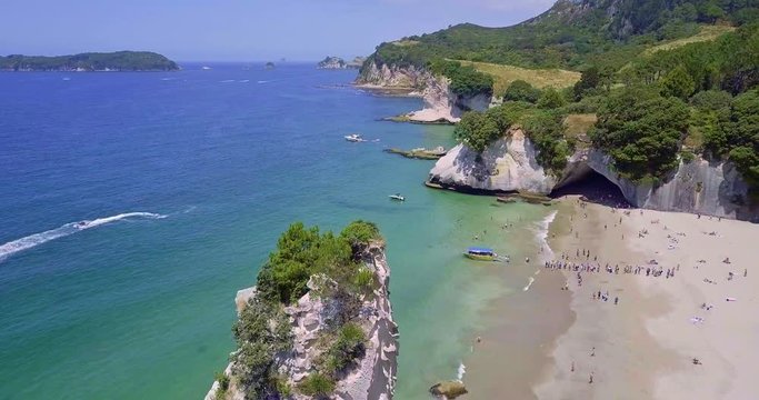 Aerial of Te Whanganui-A-Hei (Cathedral Cove) Marine Reserve in Coromandel Peninsula North Island, New Zealand.