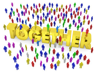 Many people crowded around golden word Together. 3d render