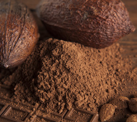 Chocolate sweet, cocoa pod and food dessert background