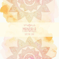 Hand-drawn mandala on the watercolor background.Round, circle pattern. Lace ornament. Greeting, invitation card. Mehndi and yoga design. Oriental, Indian, Bohemian style. Vector illustration.