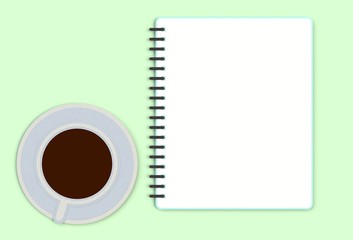 Fototapeta na wymiar Top view notebook with cup of coffee on green desk, paper art and craft style.