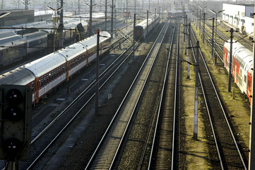 Fototapeta premium Vienna, West railway station, railway with trains, Austria, traf