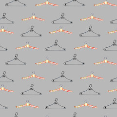 Seamless pattern with watercolor hangers, hand drawn isolated on a grey background
