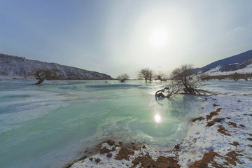 Buguldeika River at the confluence of Lake Baikal in winter