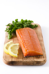 Raw salmon fillet isolated on white background
