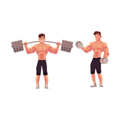 Young man, male bodybuilder, weightlifter working out, training with barbell and dumbbell, cartoon vector illustration isolated on white background. Male bodybuilder with barbell and dumbbells
