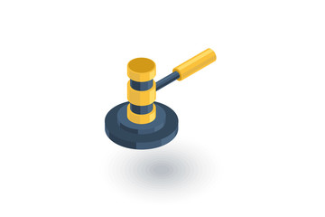 auction hammer, law and justice symbol, verdict isometric flat icon. 3d vector colorful illustration. Pictogram isolated on white background
