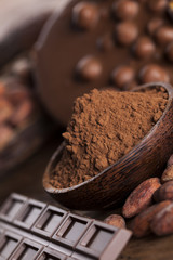 Chocolate bar, candy sweet, dessert food on wooden background