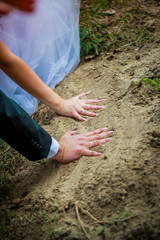 hands of the bride and groom with rings on the sand