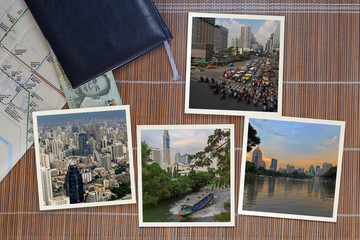 Part of series. Beautiful asian city snapshots arranged on rustic wooden background with mapand note book with copy space, top view. Travelling concept