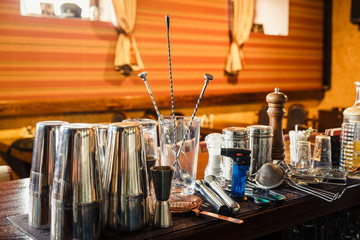 Fototapeta na wymiar Bartender tools on bar