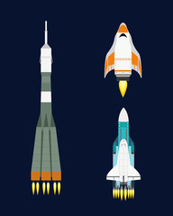 Vector technology ship rocket cartoon design for startup innovation product and cosmos fantasy space launch graphic exploration.