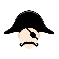 Vector illustration of a pirate head a cocked hat with an eye patch and a mustache. Vector icons for web site design. Stock illustration