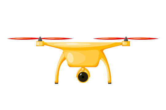 Vector illustration of a flying drone yellow color with red screws. Cartoon a DRON on