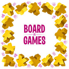 Square frame of yellow meeples for board games. Game pieces and resources counter icons isolated on background. Vector border for design boardgames advertisement or template of geek t-shirt print