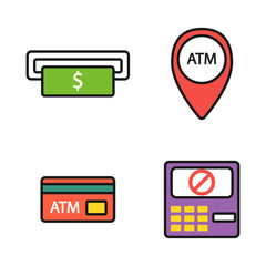 ATM pos-terminal with hand credit card icons payment transfer mobile service and automatic terminal money currency cash sign banking dollar machine vector illustration.