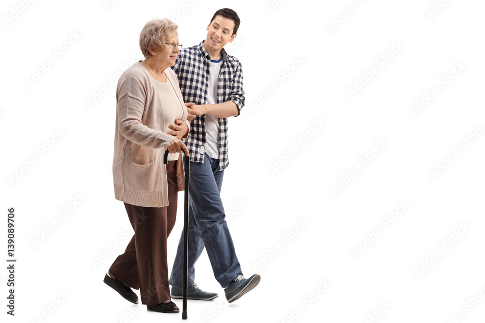 Poster elderly woman walking with a young man