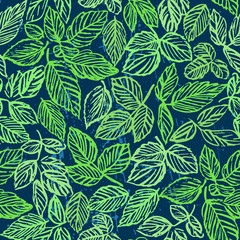 Ink hand drawn green foliage seamless pattern