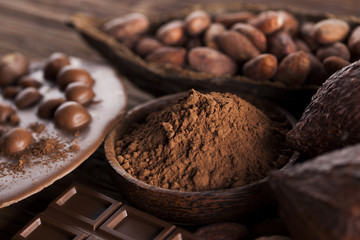 Chocolate sweet, cocoa pod and food dessert background