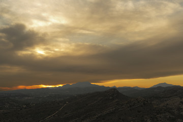 Sunset in the mountains of Elche, province of Alicante in Spain