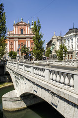 Ljubljana, Tromostovje, Three Bridges, Plecnik, in background Fr