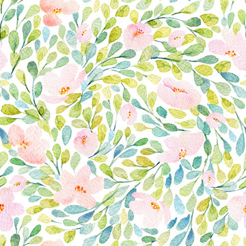 Fototapeta Seamless pattern with  lovely pink flowers. Watercolor illustration. Composition with floral elements.