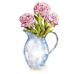 Spring flowers in enamel jug. Isolated on white background. Watercolor hand drawn illustration. Easter design.