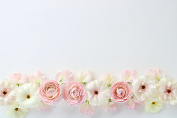 Beautiful pink and white ranunculus flowers and sweetpea flowers on white background,top view 
