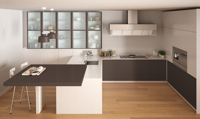 Fototapeta premium Classic minimal white and brown kitchen with parquet floor, modern interior design