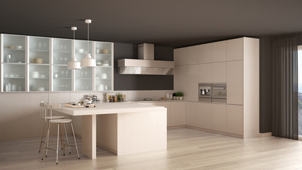 Classic minimal white kitchen with parquet floor, modern interior design