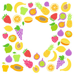 Vector frame of hand drawn fruit and berries icons. Doodle set of different colored cut fruits and berries. Healthy food. Exotic fruits. Collection of fruits and berries in frame