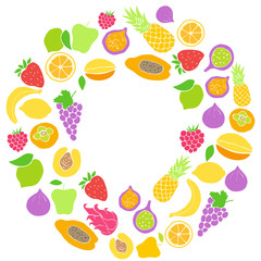 Vector frame of hand drawn fruit and berries icons. Doodle set of different colored cut fruits and berries. Healthy food. Exotic fruits. Collection of fruits and berries in frame