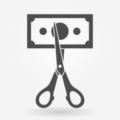 Price or cost cut icon. Discount and sale icon concept. Scissor cutting money bill. Vector illustration