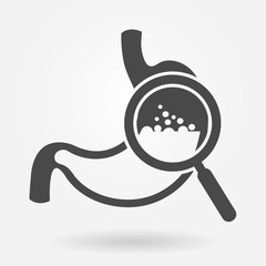 Stomach inspection icon concept. Magnifying glass on stomach