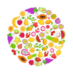 Vector frame of hand drawn fruit and berries icons. Doodle set of different colored cut fruits and berries. Healthy food. Exotic fruits. Collection of fruits and berries in frame